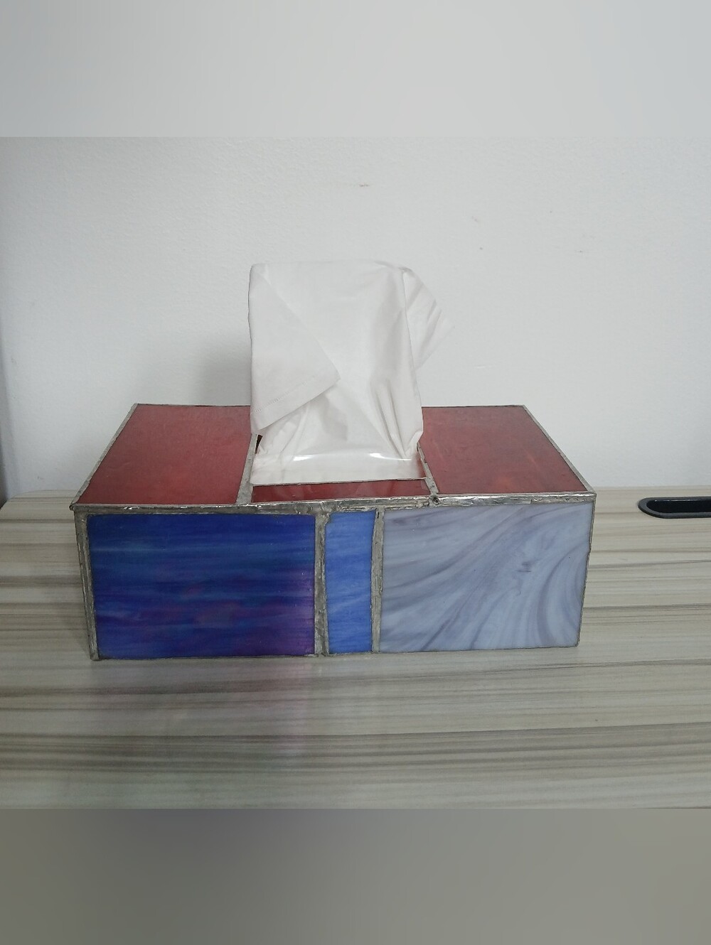 Vtg Leaded Stained Glass Tissue Box Cover Abstract Iridescent Statement Piece